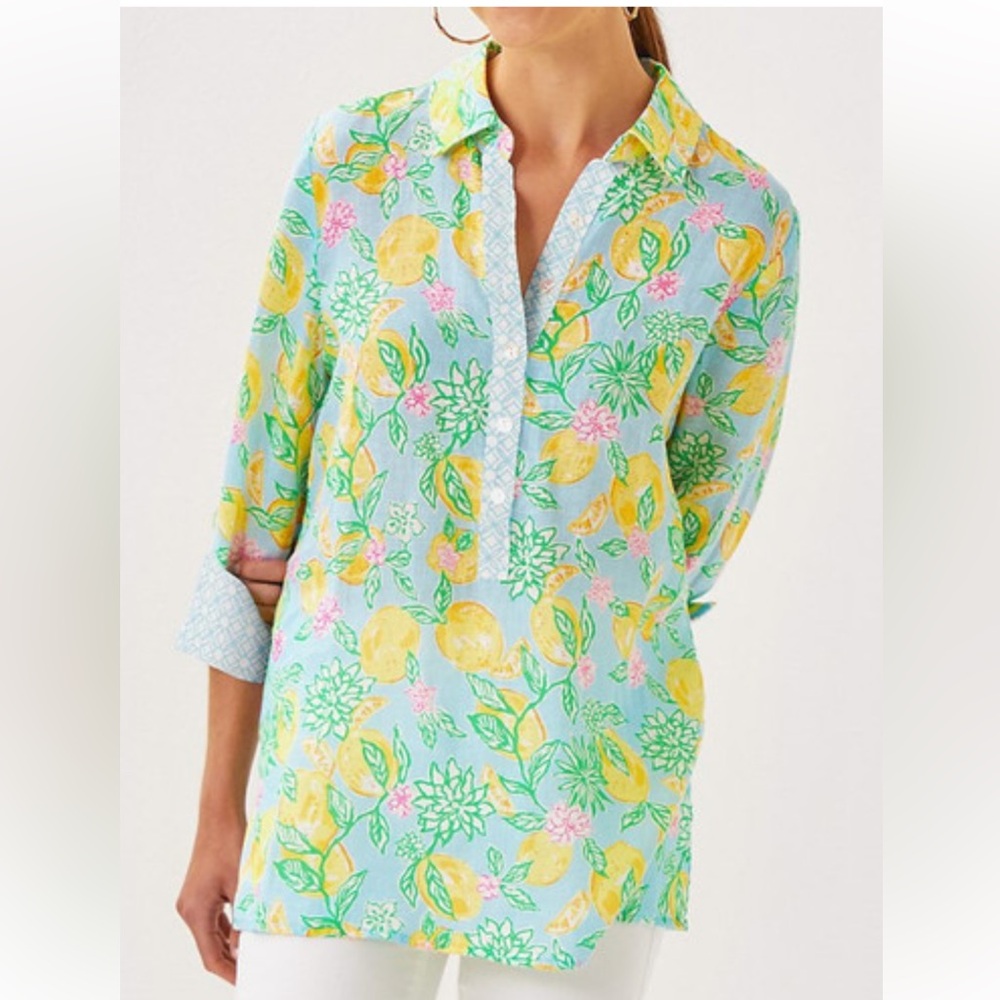 Lilly Pulitzer Sz XXS Riverlyn Pieced Print Tunic Bluette Make Lemonade in Linen - Picture 2 of 12